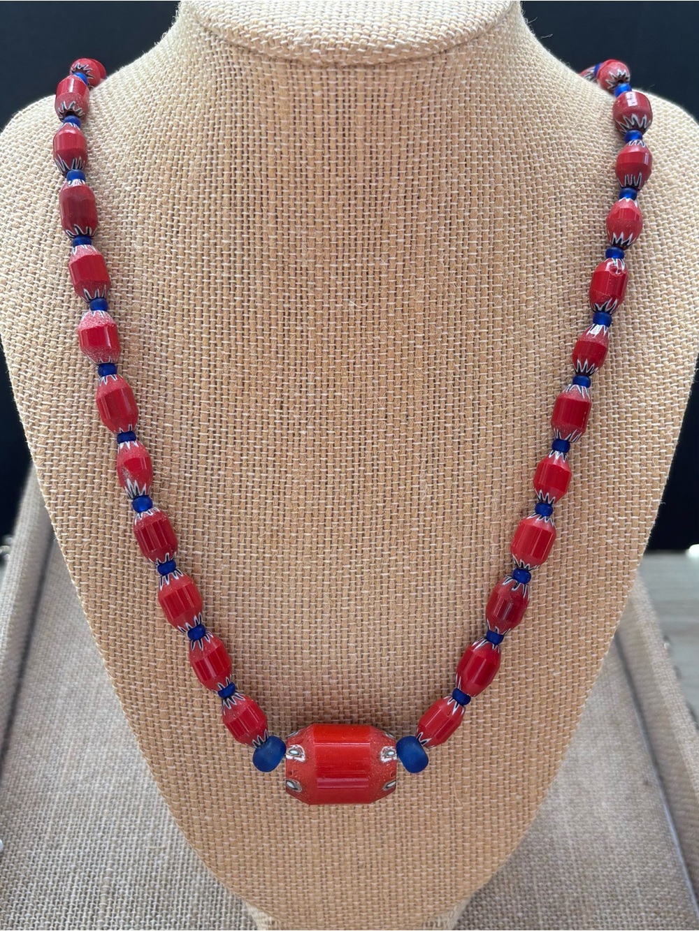26" Vintage Venetian Chevron Glass Trade Bead Continuous Necklace - Red & Blue